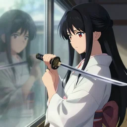 advanced digital anime art, photograph , elegant woman with silver and red eyes wearing a kimono and cutting long black hair with a katana while looking into the reflection of a glass window, painted by RossDraws in the style of Makoto Shinkai, very high detail, medium sensor , Gaussian blur, f/stop, 35mm —W 1920 —H 1080