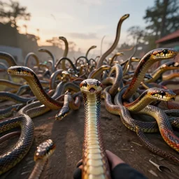 realistic photo first person perspective, colorful snakes stampede towards camera, attacking and chasing me, dramatic lighting, early evening, professional photography, high detail, cinematic lighting, unreal engine