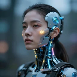 portrait photo of soulful female as a solarpunk cyborg with fluorescent lamps over face and neck, robotic implants with real human face with skin, ultra - realistic and detailed, long exposure, soft focus hdr 8 k