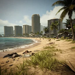 Waikiki Beach, Honolulu in ruins post-nuclear war in Fallout 4, in game screenshot
