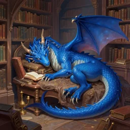 blue dragon sleeping in a library, fantasy, dnd, art by greg rutkowski