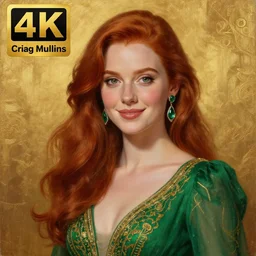 Highly detailed painting of a beautiful young woman with long red hair by Craig Mullins and Ross Tran, subtle smile, wearing a fancy green dress, Golden fabric Background, Golden thread, intricate patterns, Emerald Earrings, ambient lighting, Trending on artstation, pinterest, cgsociety, 4k, 8k, HDR, award winning, unreal engine