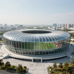 national football stadium, made from glass, by zaha Hadid, 4k, unreal engine, realistic photo,