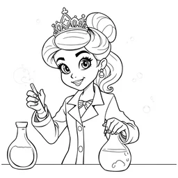 princess scientist, chemistry, in the colouring book style, black and white, disney, marvel, labcoat, tiara, cartoon,