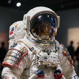 closeup astronaut's tokugawa samurai armor spacesuit in the tokyo museum of history