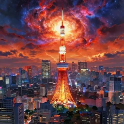 anime scene background of futuristic solar-punk tokyo, anime painting, 3d render, hyper realistic, dramatic lighting, the sky is a nebula on fire, 8k hdr pixiv dslr photo by Makoto Shinkai ilya kuvshinov and Wojtek Fus, digital art, concept art,