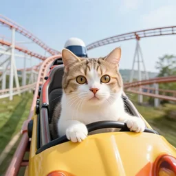selfie of a cat riding a roller - coaster