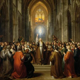 elisabeth louise vigee - le brun painting of large crowd of medieval monks gathered at giant gothic ruins cathedral and raising a magical glowing spirit, old master painting with stunning lighting and details photoreal dusk sun lit light,