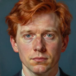 A beautiful close-up of a middle aged self absorbed auburn head entrepreneur suggesting intimacy without elaborating further, digital art by Edward Hopper, vibrant color scheme, highly detailed, in the style of romanticism, fine Art, high detail, great lighting, 8k resolution, masterpiece, concept art, illustration, clear eyes, soft lighting, soft details, painting oil on canvas, octane render, HDR, trending on artstation, 4k, 8k, HD