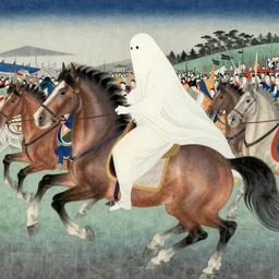 a ghost riding a horse into the battle field, nihonga style, highly quality, highly detailed,