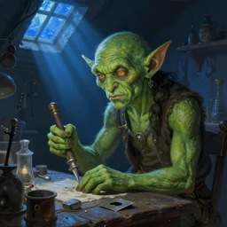 portrait of green - skinned goblin alchemist working in his fantasy medieval workshop, nighttime blue light coming from roof window, blue light rays, illustration concept trending pixiv fanbox by wlop and greg rutkowski and caravaggio and rosa bonheur, and william harnett, hyperrealism art