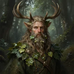 patrick rothfuss as a forest druid with antlers and leaves in his beard, dreamy and ethereal, fantasy, intricate, elegant, highly detailed, digital painting, artstation, concept art, smooth, sharp focus, illustration, art by artgerm and greg rutkowski and donato giancola