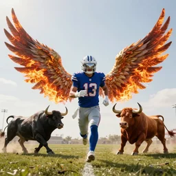 NFL player running towards to the enemy team with wings, broadcast view, flame, ultra-realistic, bull