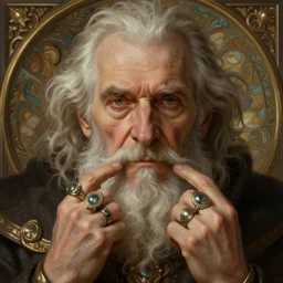 old man with a ring on each finger, deep focus, d & d, fantasy, intricate, elegant, highly detailed, digital painting, artstation, concept art, matte, sharp focus, illustration, hearthstone, art by artgerm and greg rutkowski and alphonse mucha