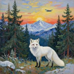 a beautiful painting of a white fox in a fir trees forest, snowy mountains landscape in the background at sunset, a plane flying in the sky, by van gogh and pablo picasso, trending on artstation,