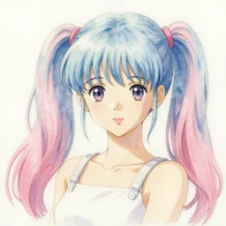 watercolor painting, fresco, artwork of an anime girl with light blue and pink pigtails, trending on artstation, deviantart, super detailed, by thomas kinkade, makoto shinkai, greg rutkowski, studio ghibli, rossdraws