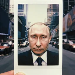 centered!!! macro face selfie shot. vladimir putin selfie, overcast soft light, in demolished destroyed times square with car wrecks destroyed buildings, dark photograph, polaroid, color vintage