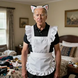 photo of joe biden wearing a maid outfit and cat ears in a cluttered bedroom