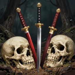 a beautiful masterpiece of three samurai swords stuck in the ground, giant skull laying deep in the ground, anime, studio ghibli, unreal engine, realistic shaded lighting, junji ito, by junji ito, fine detail, dramatic, atmospheric, trending on artstation, rich colours
