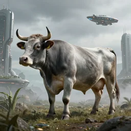 A realistic detailed photo of a futuristic cow, detailed body, alien plants, grey sky, futuristic buildings, flying ships in the background, foggy landscape, light particles, detailed light, realistic shaders, trending on artisation, detailed textures, detailed, realistic.