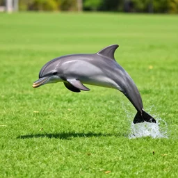dolphin leaping out of grass lawn
