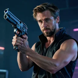 ryan gosling is a cyberpunk reality, holding a futuristic gun