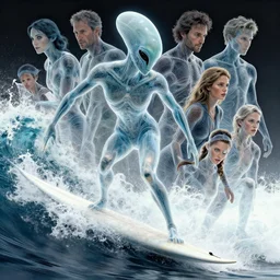 surfing with the alien by elson, gric, mcquarrie, lacoste, rhads, mccall, rodney matthews, gonsalves, walotsky, shiki, ishinomori, aivazovsky, stella, stephanie law, syd mead. artstation, award, masterpiece, intricate, translucent