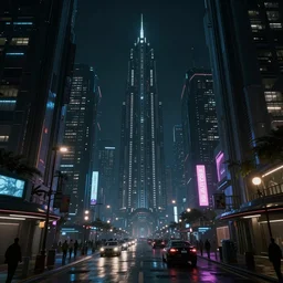 A magnificent dark neon futuristic cyberpunk city bustling street at night made in cinema4d, cinematic