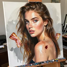 messy painting beautiful woman with bacon skin, artstaion