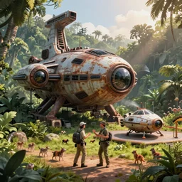 a huge futuristic rusty old alien spaceship, next to it a smaller exploration ship on a landing pad, surrounded by a lush alen jungle, in the foreground two explorers are arguing next to tiny animals!!, the animals are walking around, dawn, volumetric light, hyperdetailed, artstation, cgsociety, 8k