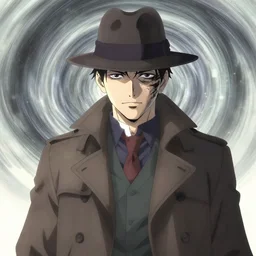 a man who’s face is a vortex wearing a fedora and trench coat, anime film still from the movie directed by Denis Villeneuve with art direction by Junji Ito, wide lens