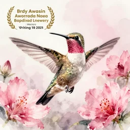 hummingbird watercolor surrounded by flowers, pink tones