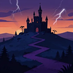 illustration dark purple zig - zag path. evil fantasy castle over a high dark blue hill at night. orange to pink gradient sky and thunderstorm background. forest underneath