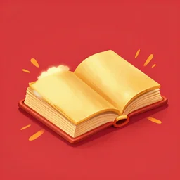 open ancient book, golden book, surrounded by orange speed lines, red background, game asset,