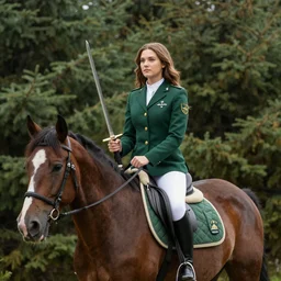 a young woman with long brown hair wearing a green uniform with saber at hand, riding a horse through an evergreen forest