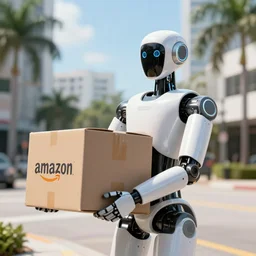 a humanoid robot carrying amazon boxes on a sunny day in a florida city, ultra details, photorealistic, cinematic