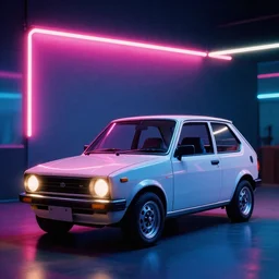 designed by giorgetto giugiaro stylized poser of a single 1 9 8 8 kei car, thick neon lights, ektachrome photograph, volumetric lighting, f 8 aperture, cinematic eastman 5 3 8 4 film
