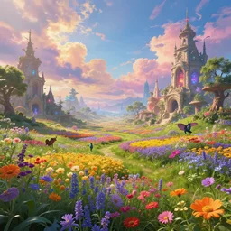 beautiful fantasy meadow, with vibrant magical flower beds, fascinating old structures, colorful clouds, mythical creatures roaming around, and wonderous trees, epic composition, intricate details, hyper detailed, 8 k, volumetric light, magical atmosphere