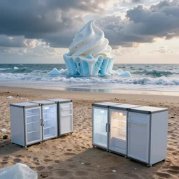 a beach with fridges, in the background a sea made of ice cream