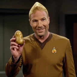 captain picard smiling holding holding a potato, still from 9 0 s tv - show