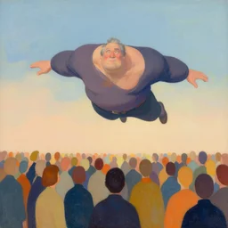 huge ugly old man flying over bunch of people art by dustin nguyen akihiko yoshida greg tocchini, empty background, elegant, vibrant colors, morandi color scheme, octane render, commission art