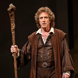 a photograph of John Lithgow as Prospero holding a staff from the stage production of The Tempest taken with Nikon D3500, highly detailed