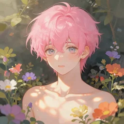 androgynous cute pink haired male, muted colors, colorful flowers, sunlight filtering through skin, j. c leyendecker, by alan lee, wlop! illustrated by starember, fantasy art by craig mullins cfg _ scale 9