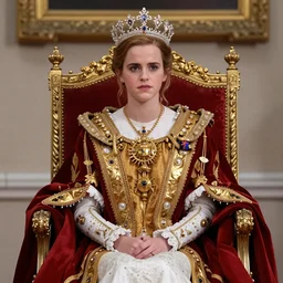 regal emma watson sitting on queens throne royalty wearing royal mantle gold jewelry by alex ross