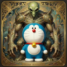 a detailed full body portrait of doraemon as an alien, by greg rutkowski and justin gerard, digital art, monstrous, art nouveau, baroque style, realistic painting, very detailed, fantasy, dnd, character design, trending on artstation