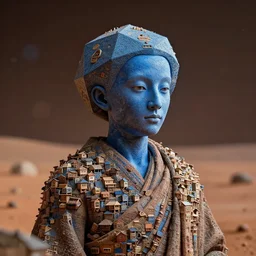 surreal blueish monk, dodecahedron for his head, amazing details, hyperrealistic photograph, octane made of billions of intricate small houses, godlike, bokeh, photography on mars, cinematic lighting