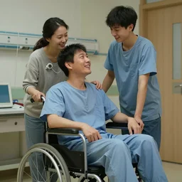 a male patient in a wheelchair in the hospital with his wife and son standing by. happy, cheerful, smiling, intricate, face enhance, cinematic lighting, featured in artistation, 8 k, art by greg rutkowski, william adolphe bouguereau