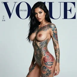 super sexy, beautiful South American female model, Japanese yakuza tattoo all over her body , blue and red tattoo, Vogue issue January, futuristic typography, in the style of Bosch and Jan Van Eyck, Greg Rutkowski, Norman Rockwell