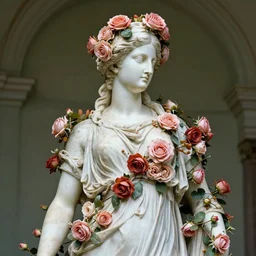 portrait of a greek statue covered in roses