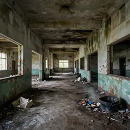 backrooms abandoned mall, moldy walls and smoldering garbage